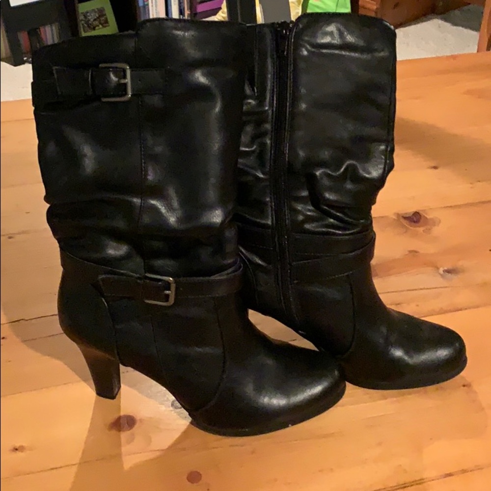 Black “leather” mid-calf boots with heel